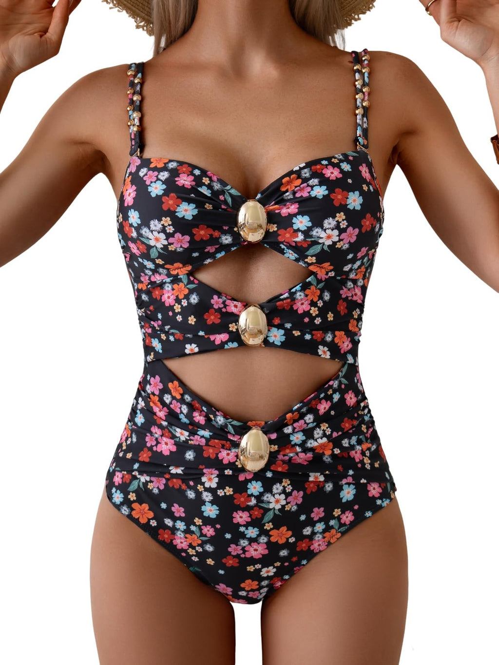 B2prity Women's Monokini Swimsuit Color Block Cutout Small Floral