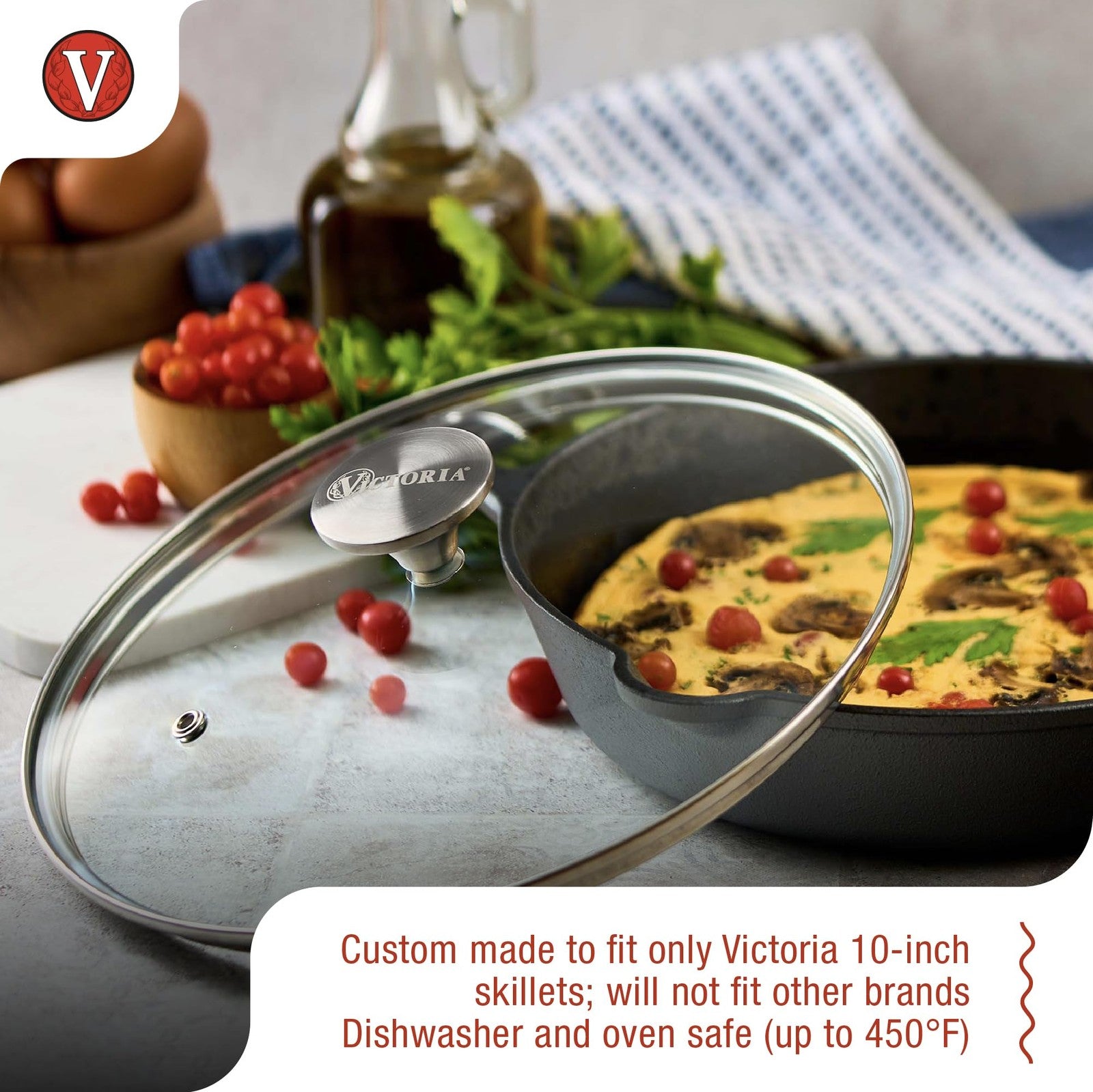 10-Inch Victoria Cast Iron Skillet Glass Lid, 9.5-Inch Internal
