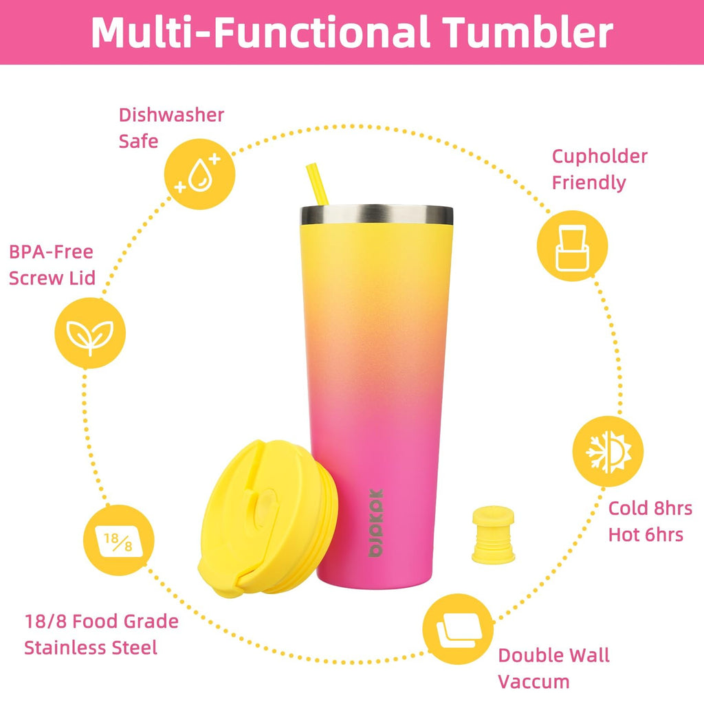 Insulated 26oz Tumbler w/ Lid & Straw, Stainless Steel, Pink Yellow Rose