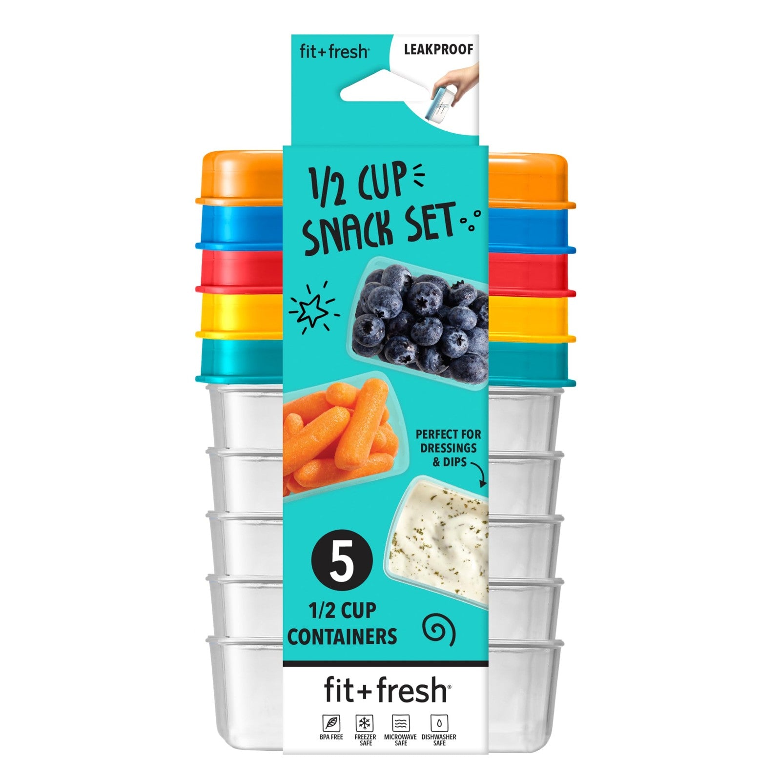 Fit & Fresh 1/2-Cup Snack Set, 5PK Leakproof Containers, Multicolor