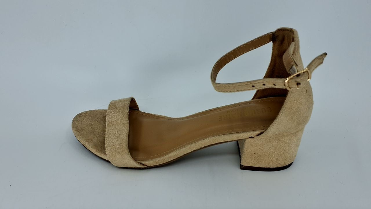 CUSHIONAIRE Alba 6.5 Natural Suede Mid Block Heel Dress Sandals