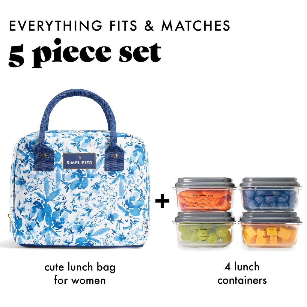 Fit & Fresh Women's Lunch Bag, Insulated, Blue Floral, Zipper Closure