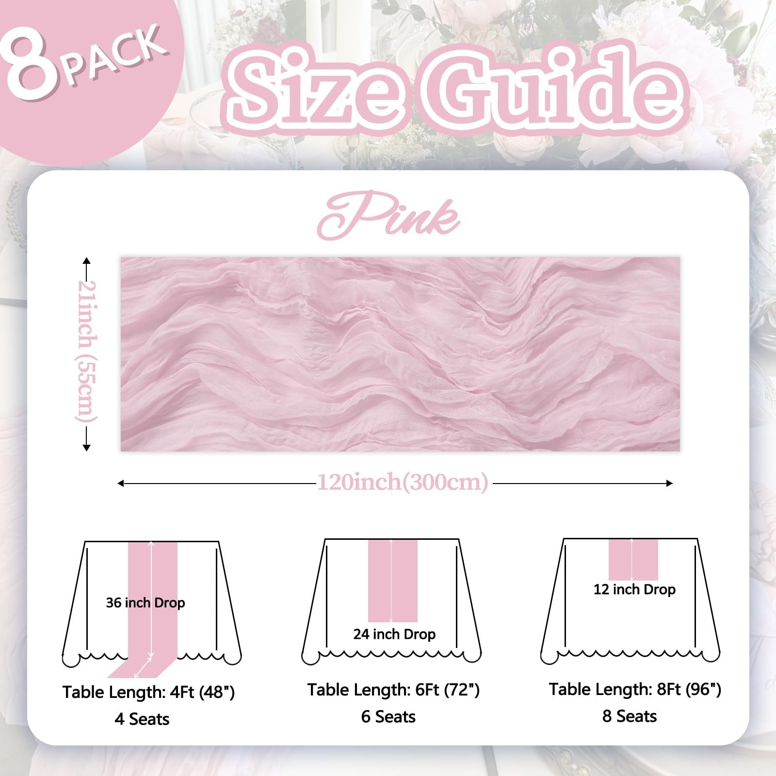 Boho Pink Cheesecloth Table Runner 10ft - 8 Pcs for Centerpieces