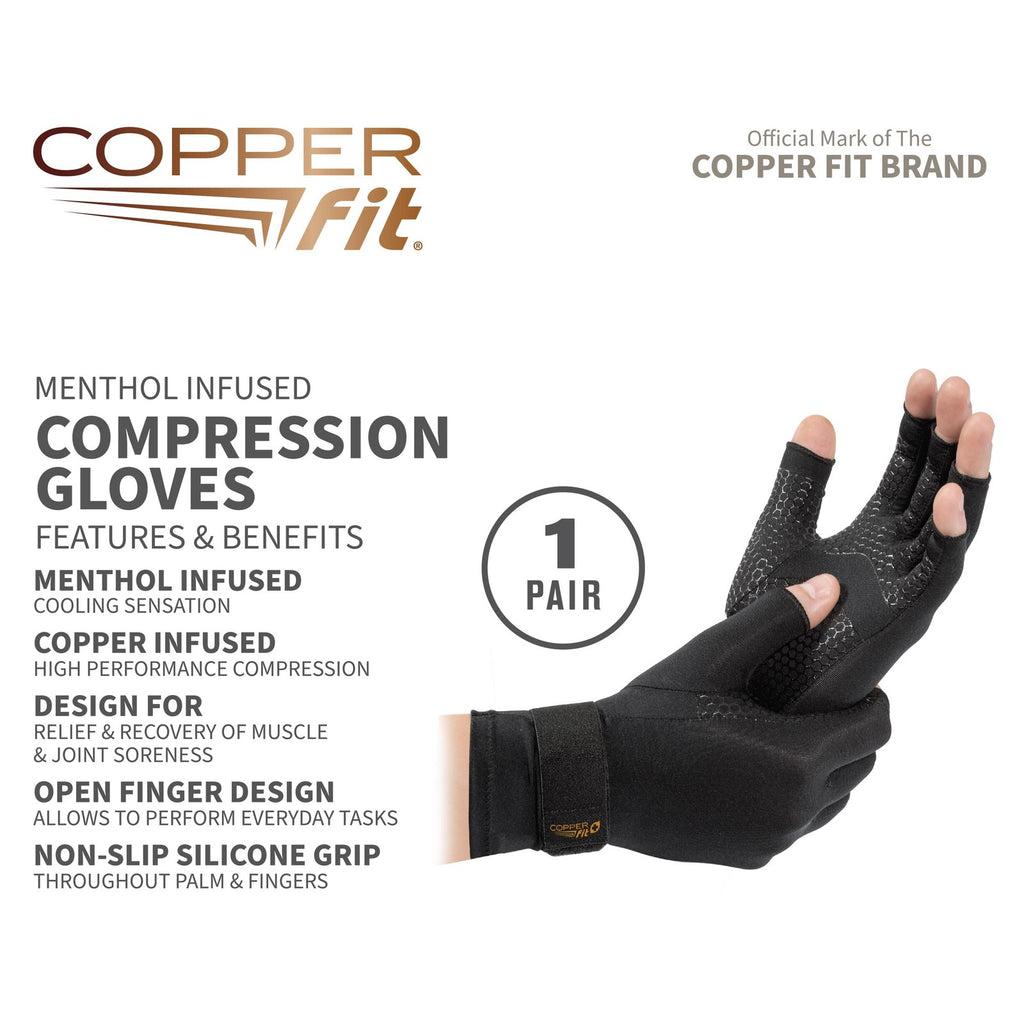 Copper Fit ICE Compression Gloves Infused with Menthol, Black, Small/Medium