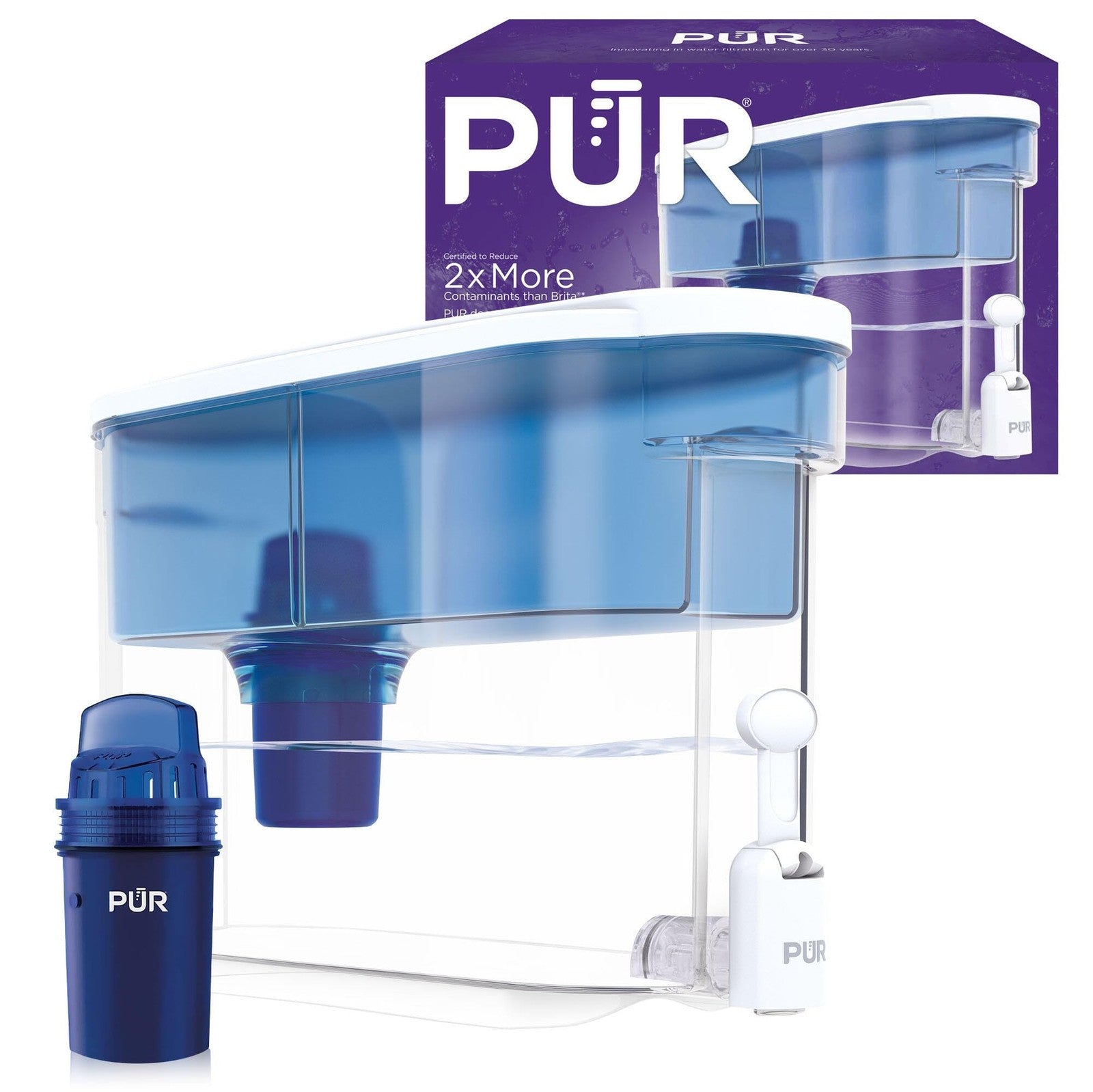 PUR 30-Cup Water Filter Dispenser White/Blue, 1 Filter, Dishwasher Safe