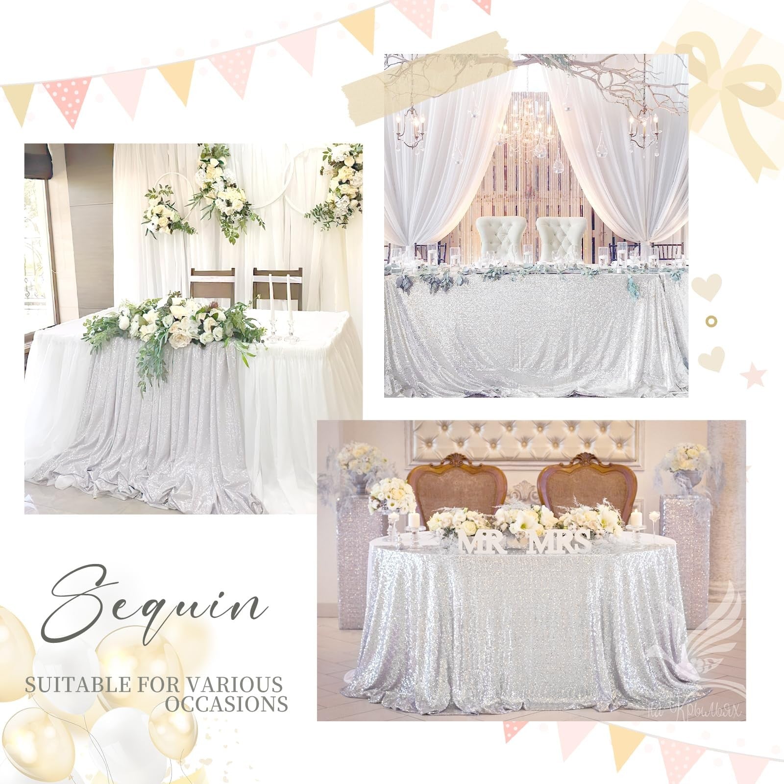 Silver Glitter Tablecloth 60x102 Inch for Baby Shower & Parties