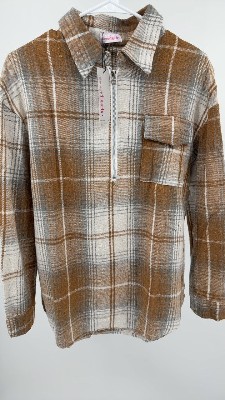 Plaid Collared Neck Half Zip Long Sleeve Top