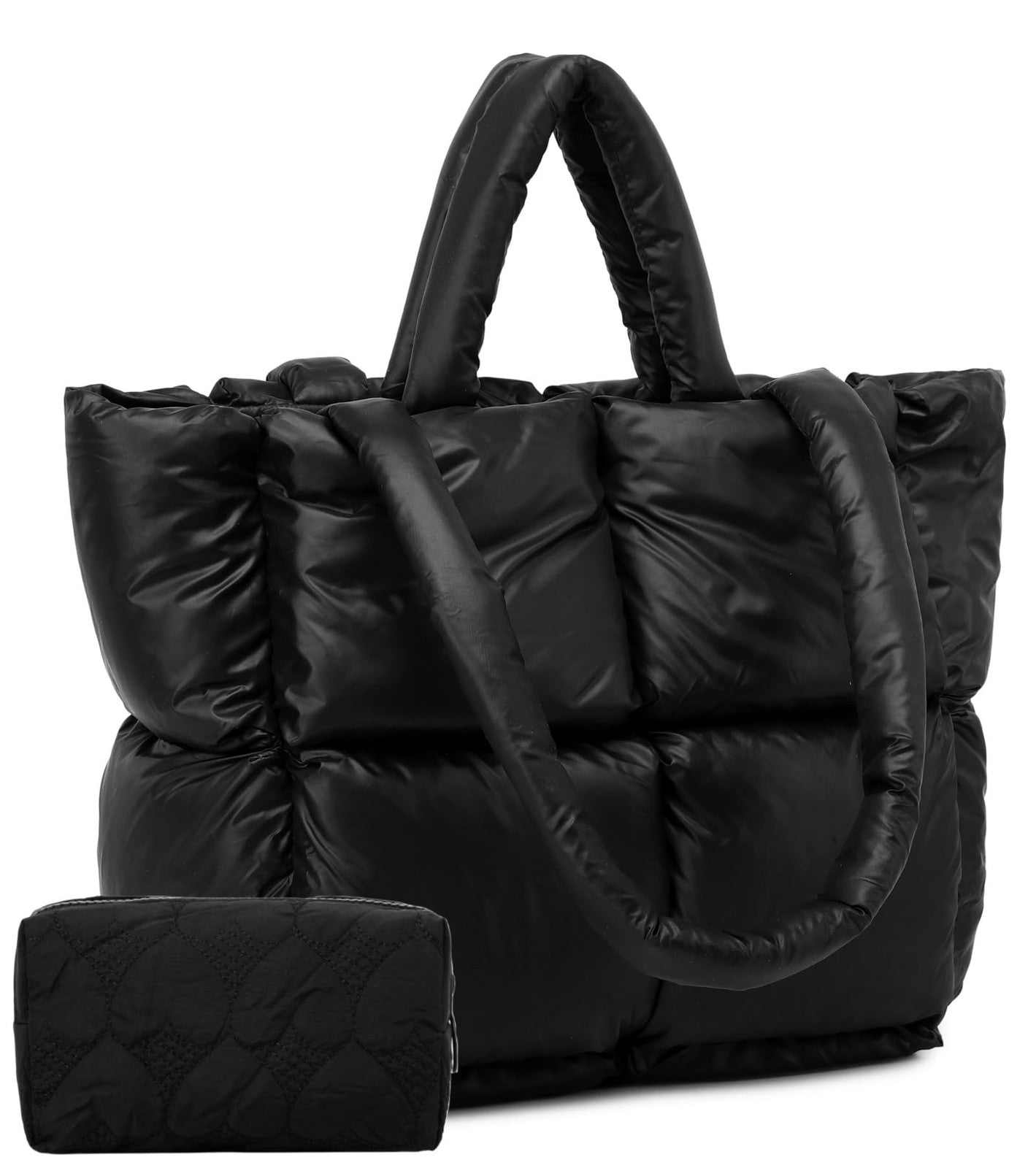 Quilted Puffer Tote Bag for Women, Lightweight Shoulder Bag, Black