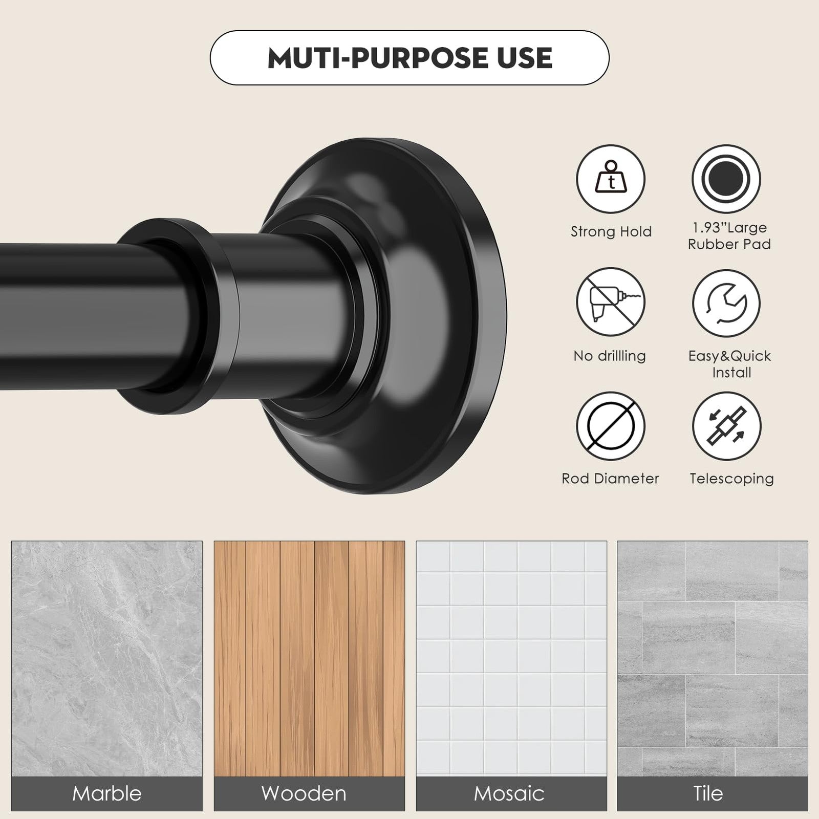 30-120 In Black Stainless Steel Tension Shower Curtain Rod No Drill