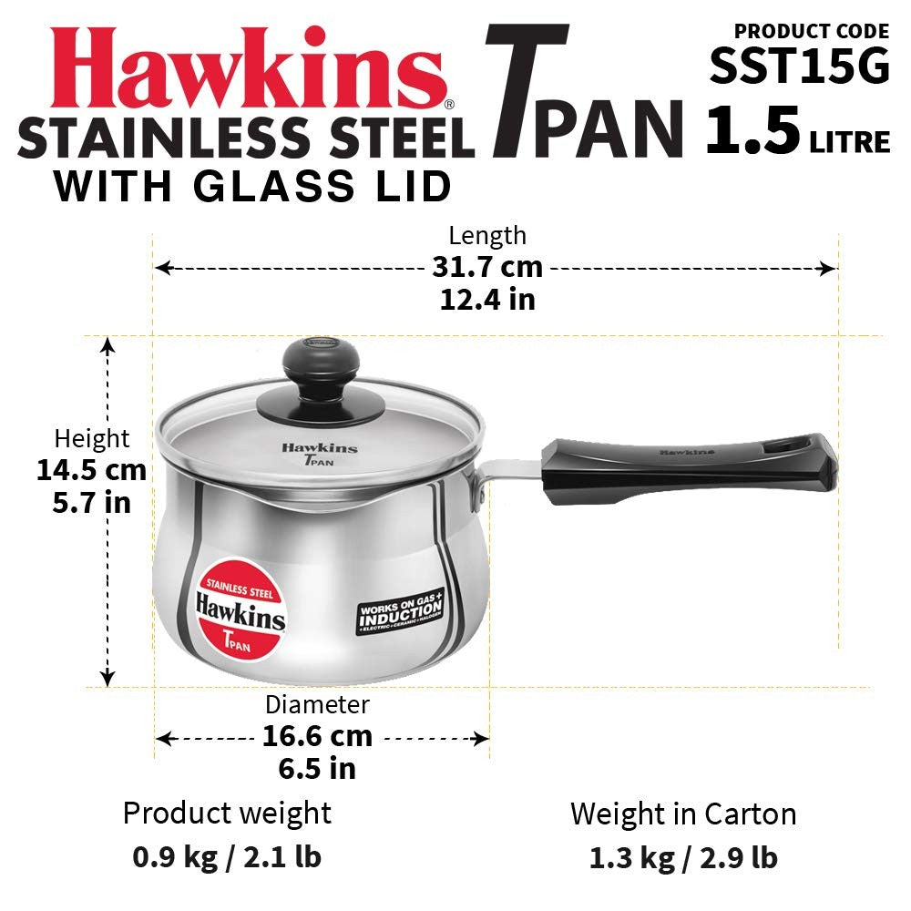 Hawkins Stainless Steel Tpan 1.5L with Glass lid