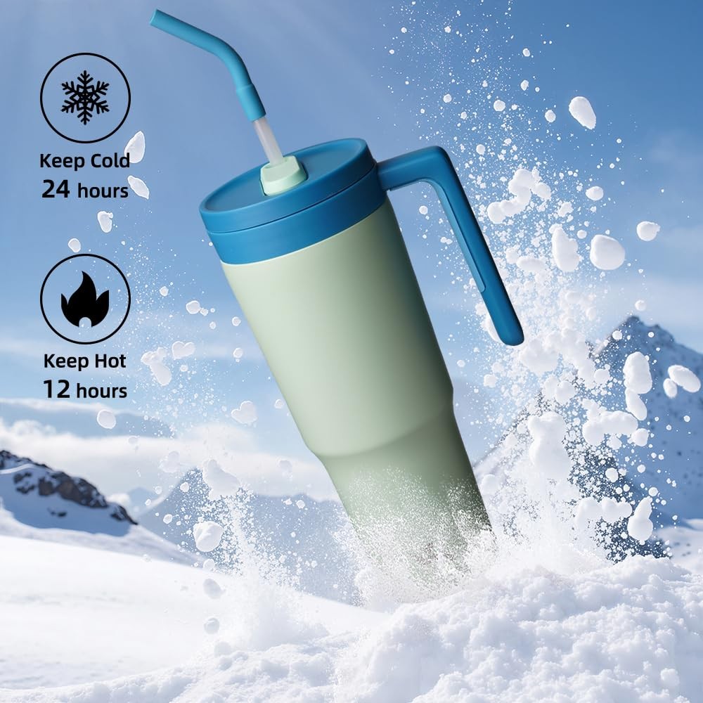 40 OZ Insulated Tumbler w/ Handle & Straw, Mist Blue Stainless Steel