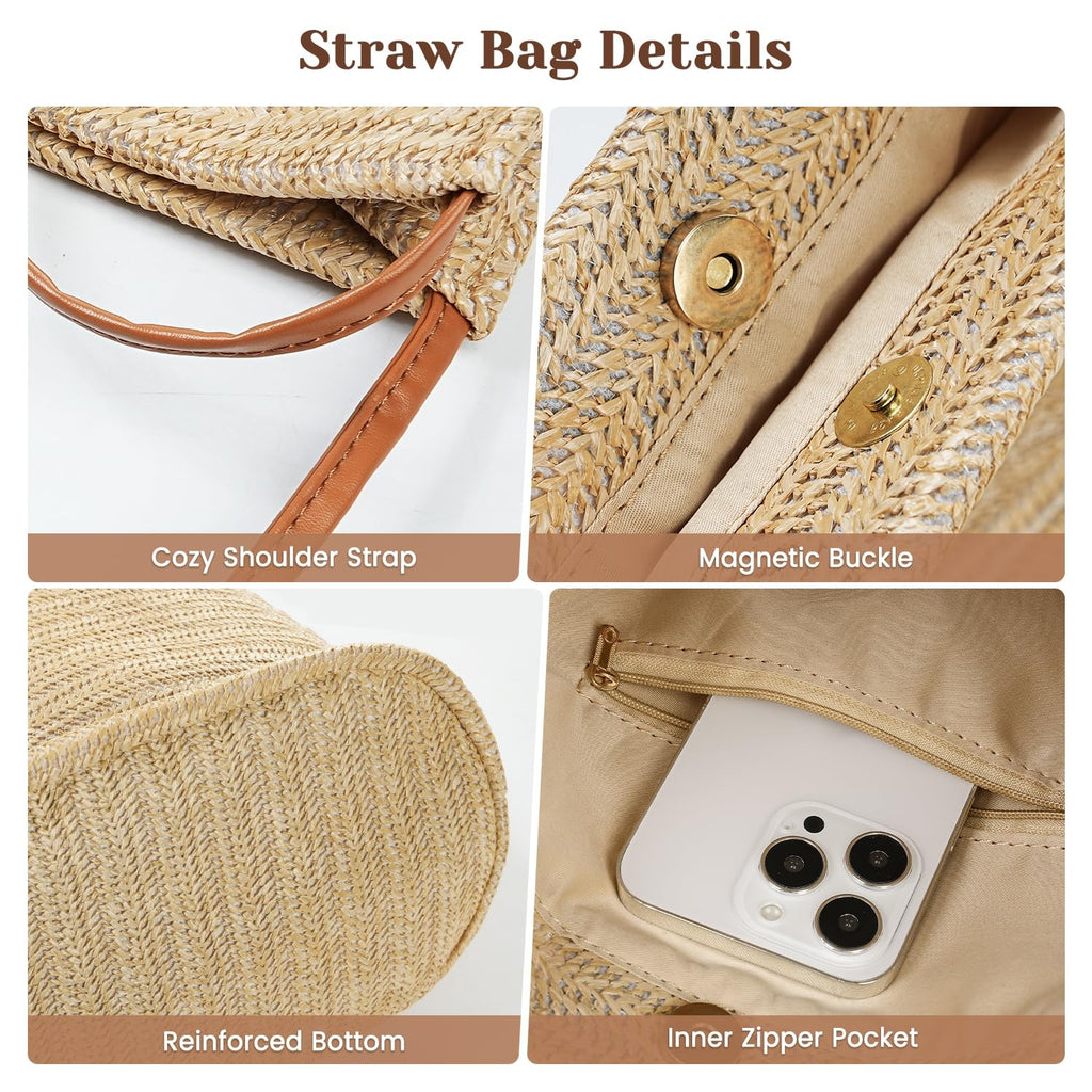 Versatile Khaki Straw Purse, Lightweight Beach Tote Bag for Women