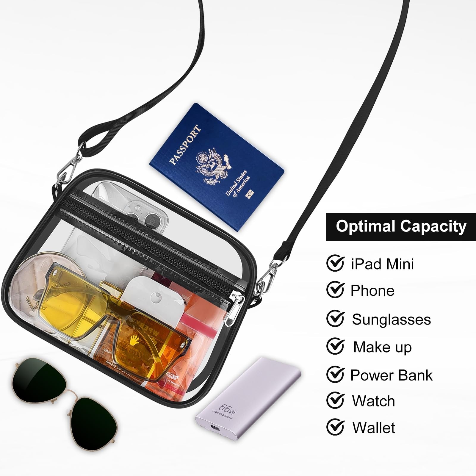 Transparent Crossbody Bag for Concerts & Sports, Medium Size, Black