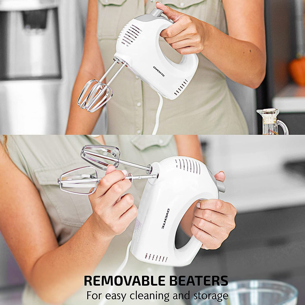 OVENTE 5-Speed Hand Mixer 150W White w/ Storage Case & Whisk Attachments