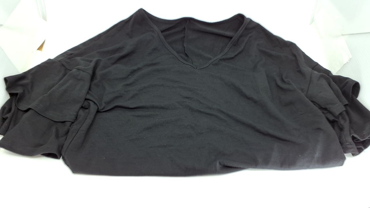 Womens V Neck Black Ruffle T-Shirt, Short Sleeve, Size L