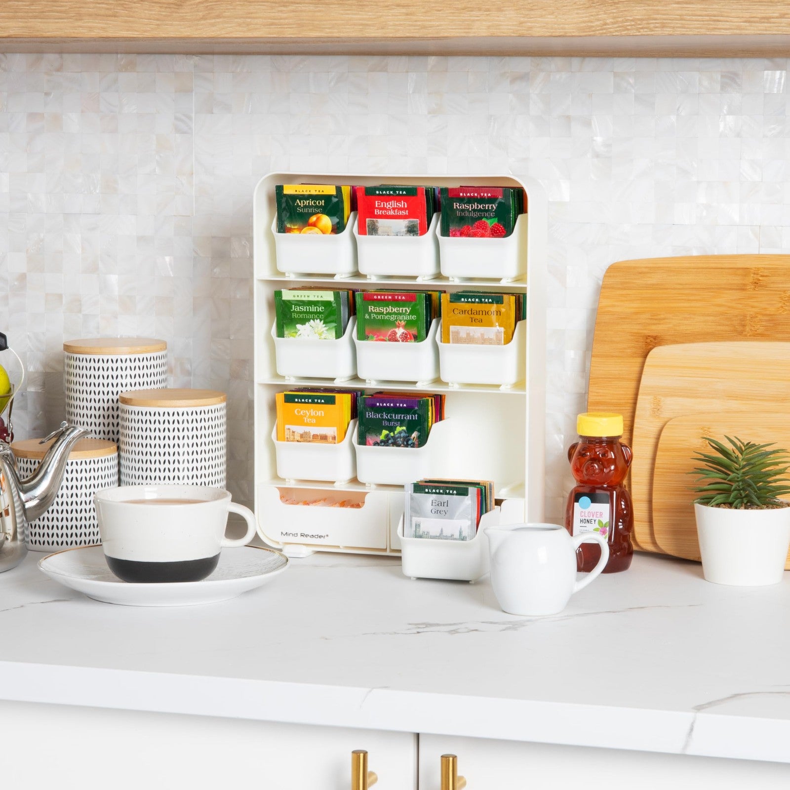 Compact Tea Station Organizer, 11-Drawer, White Plastic, 10.25"L