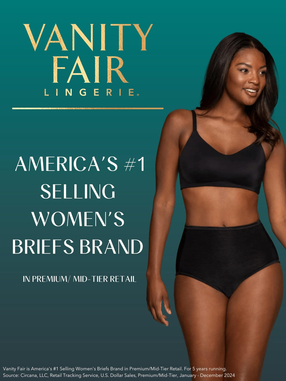 Size 7 Vanity Fair Brief #15712, Midnight Black, Comfortable Nylon
