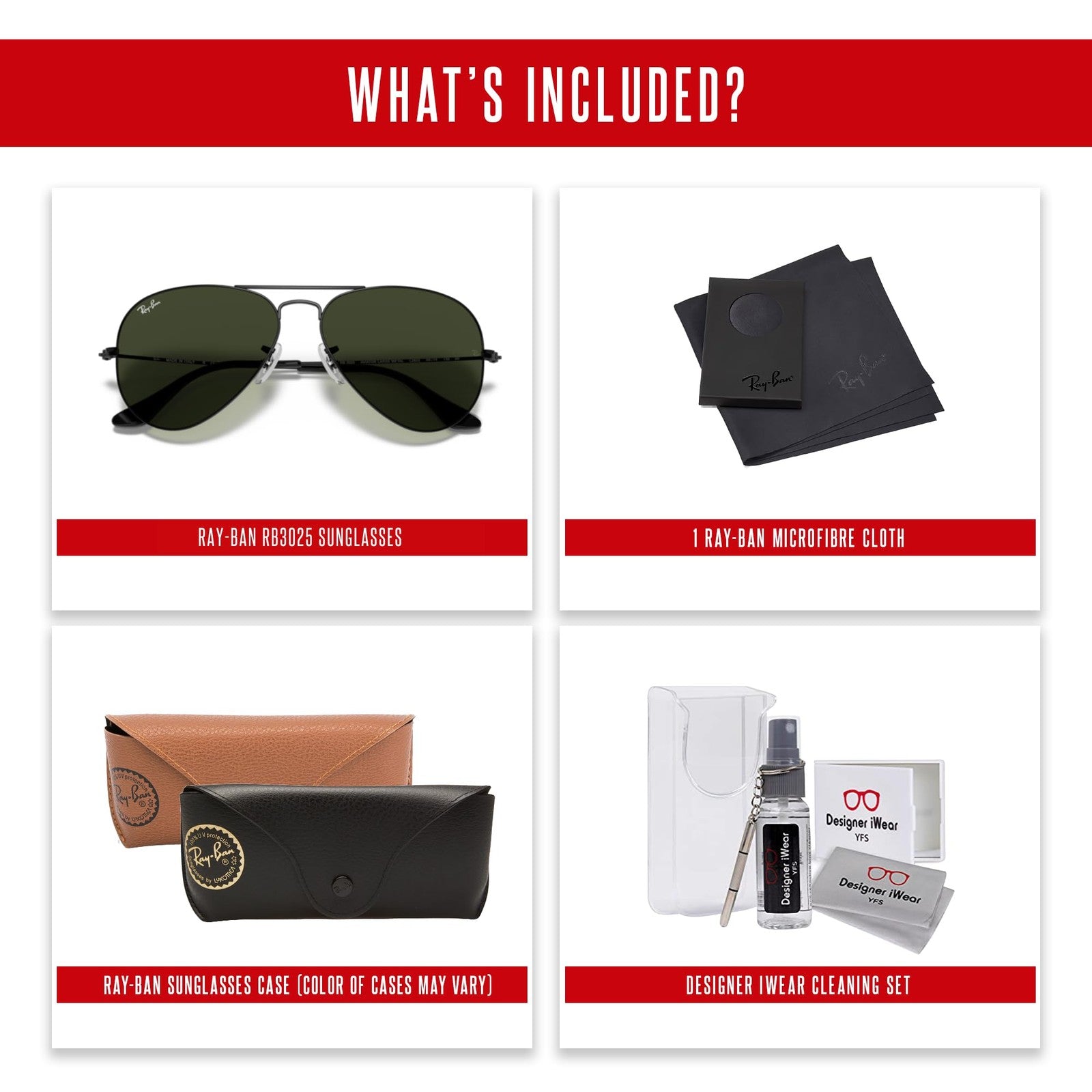Ray-Ban RB3025 Aviator Metal Sunglasses L2823 Black G-15 Green + Accessories