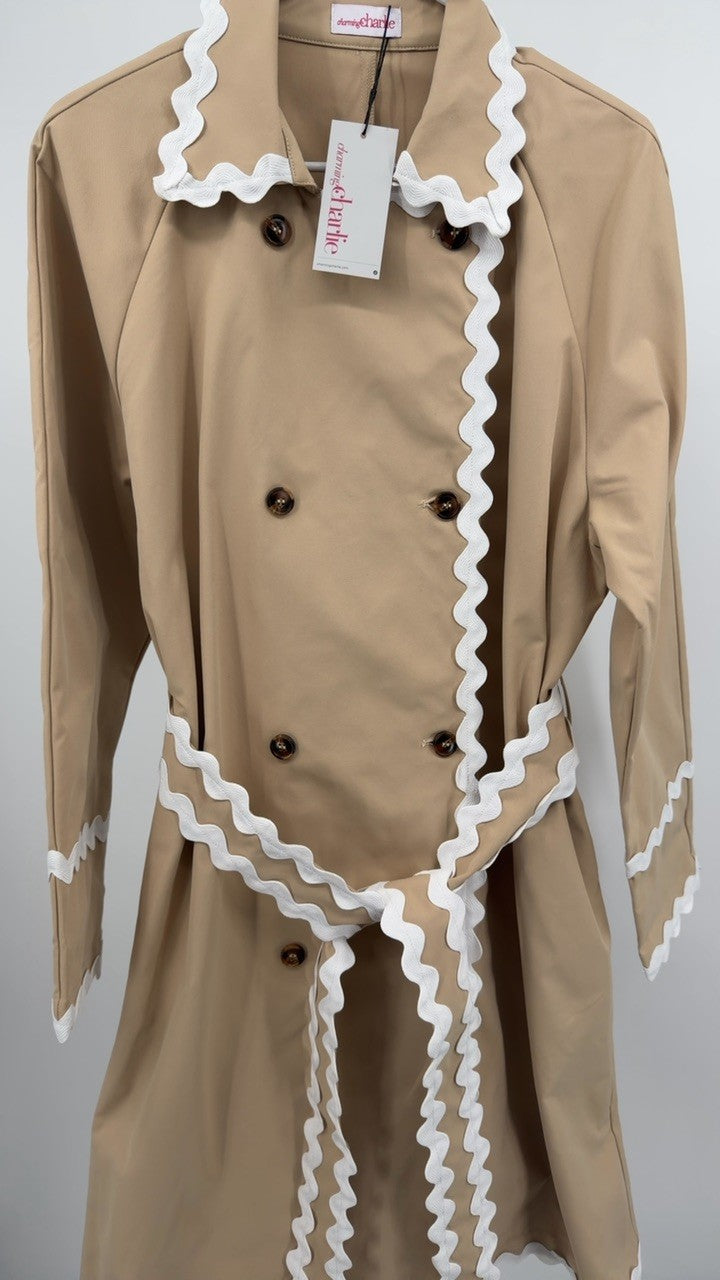 Scalloped Trim Long Sleeve Trench Coat