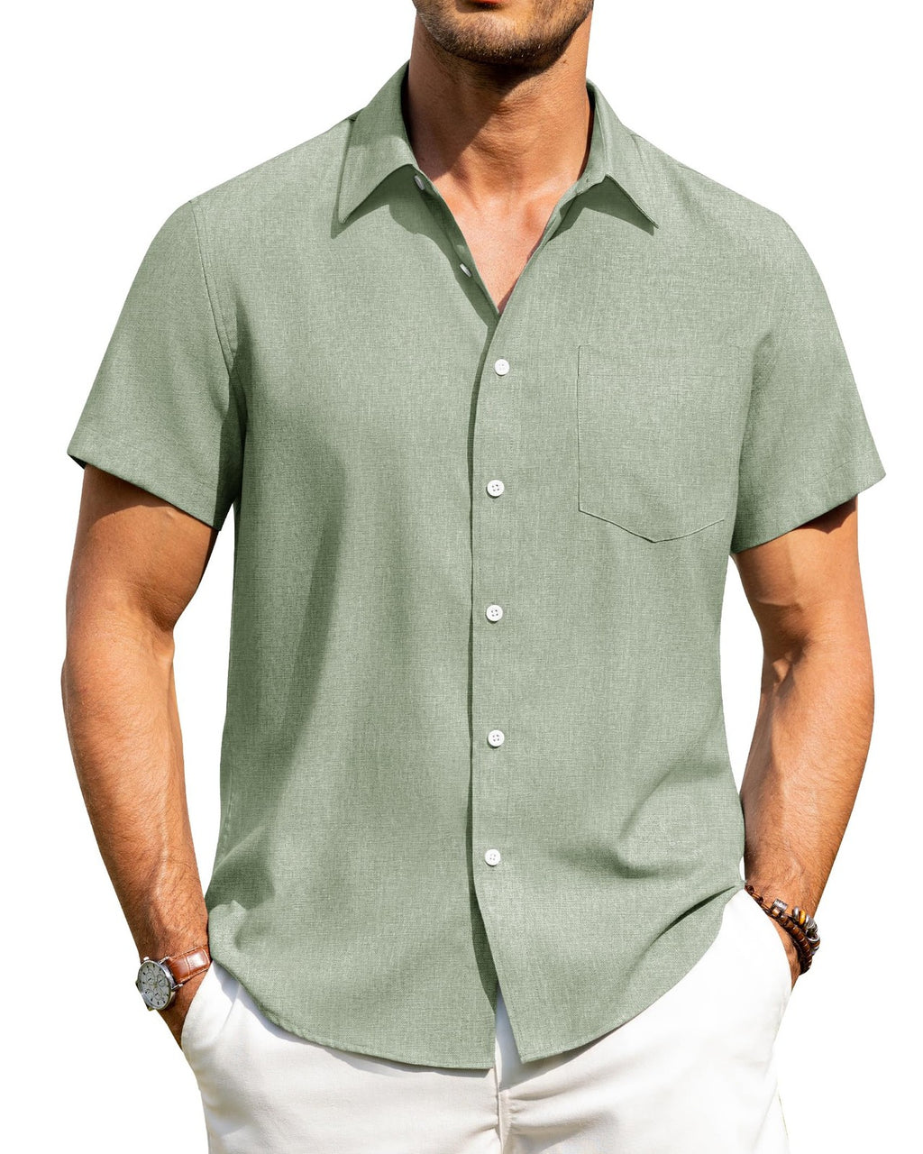 Mens Linen Button Down Shirt Short Sleeve Casual Mint Green L