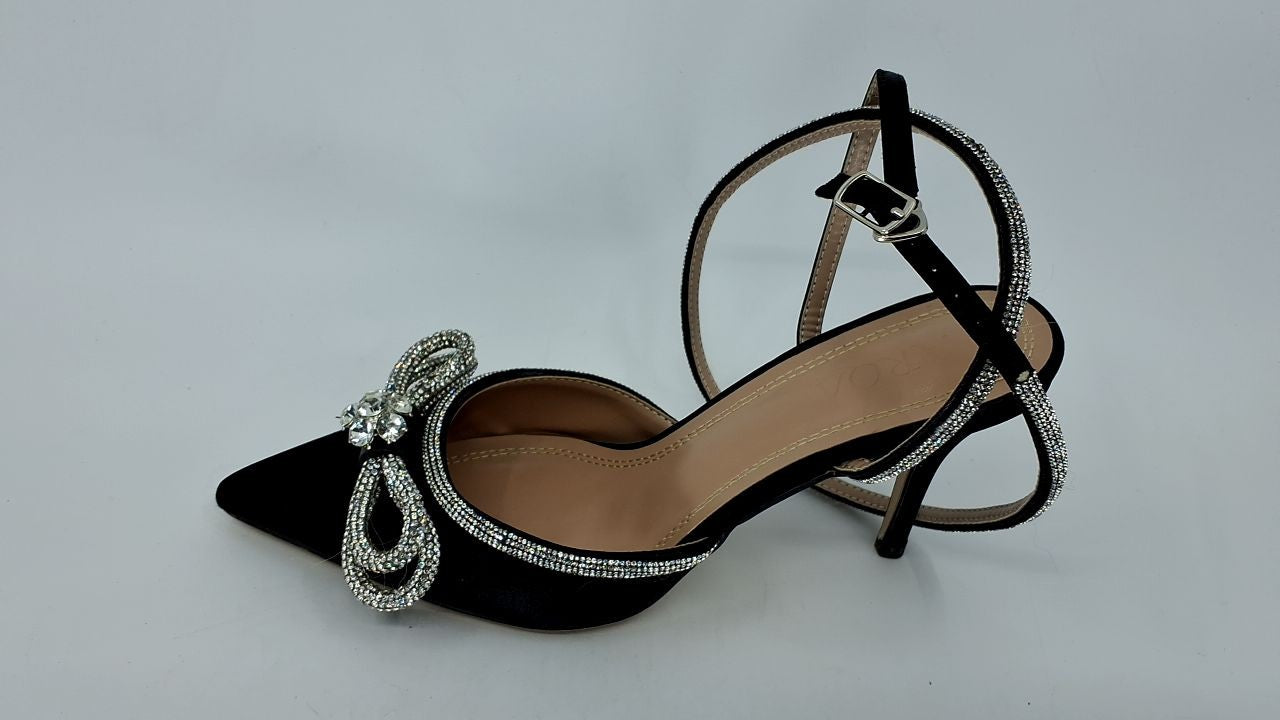 Women's Rhinestone Bow Heels Ankle Strap Sandals Black Size 8
