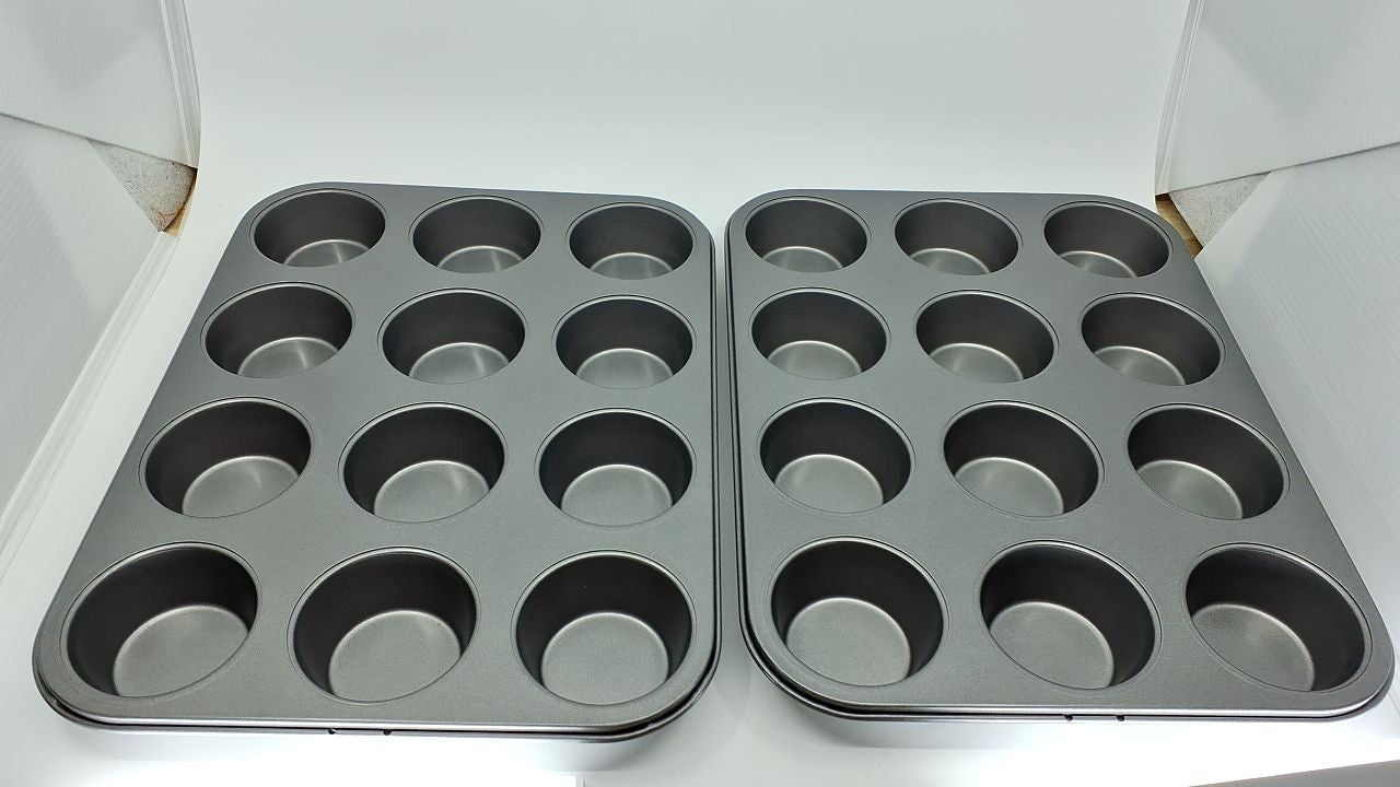 Set of 2 Nonstick Muffin Baking Pans, 12 Cups, Gray, 13.9x10.55 in