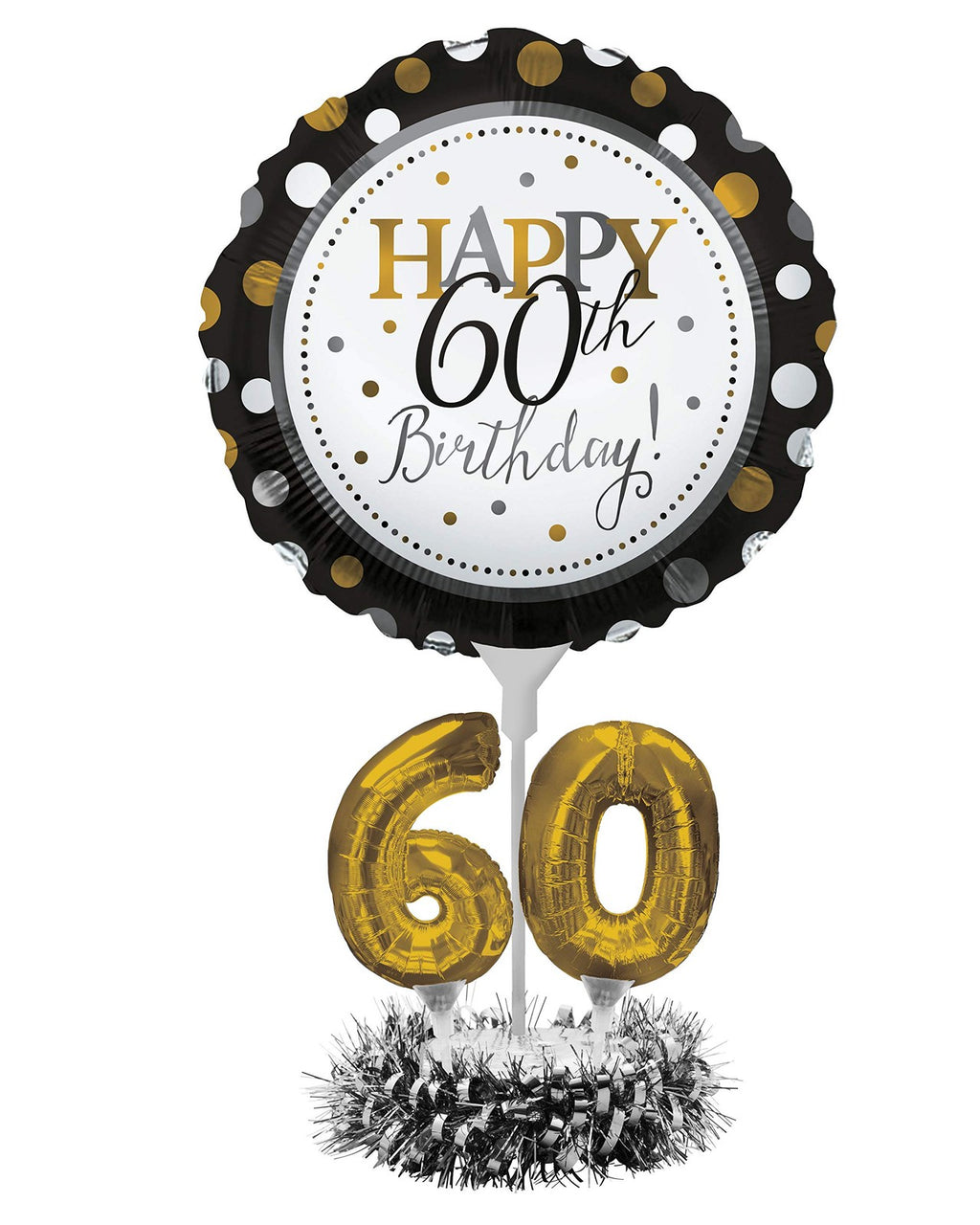 60th Birthday Balloon Centerpiece Black & Gold Mylar Decoration