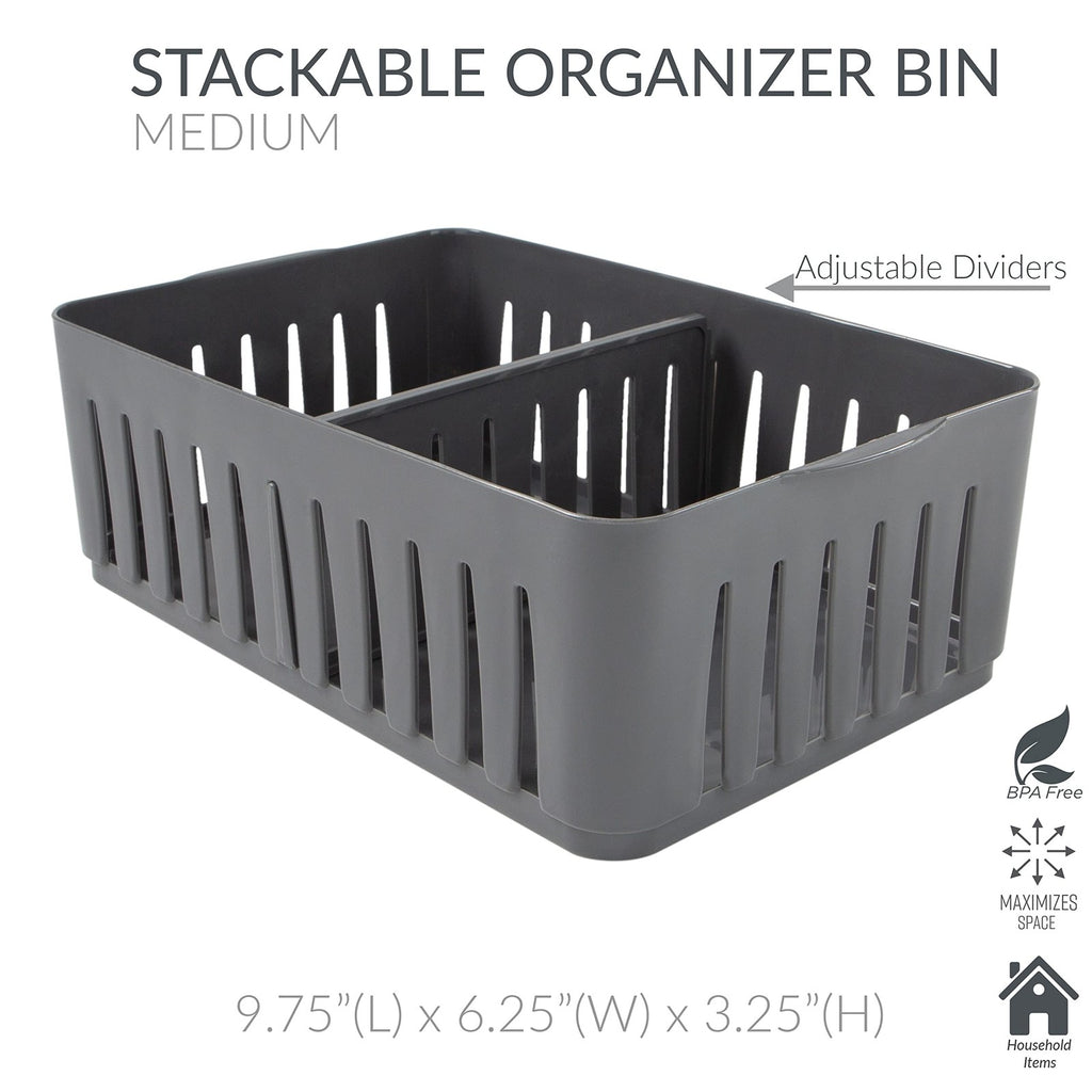 3 Compartment Storage Bins - Stackable Drawer Organizer - Grey