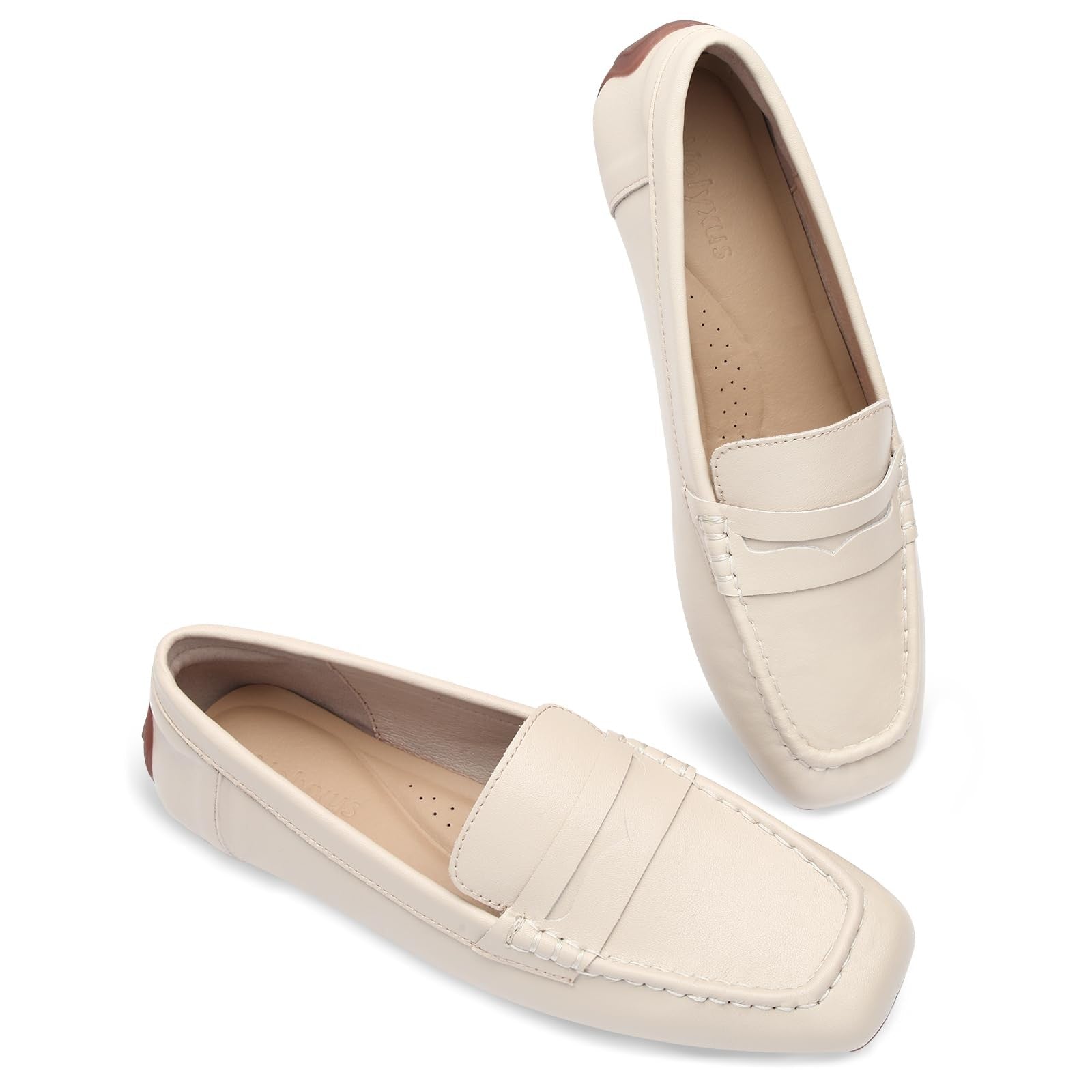 Comfortable Women's Beige Loafers, Slip On, Square Toe, Lightweight