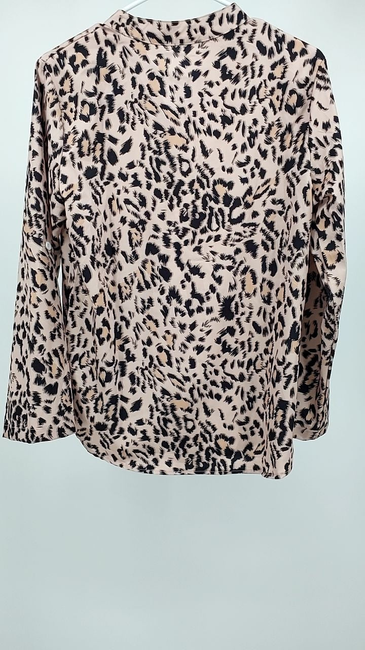 Leopard Button Detail Notched Long Sleeve Blouse