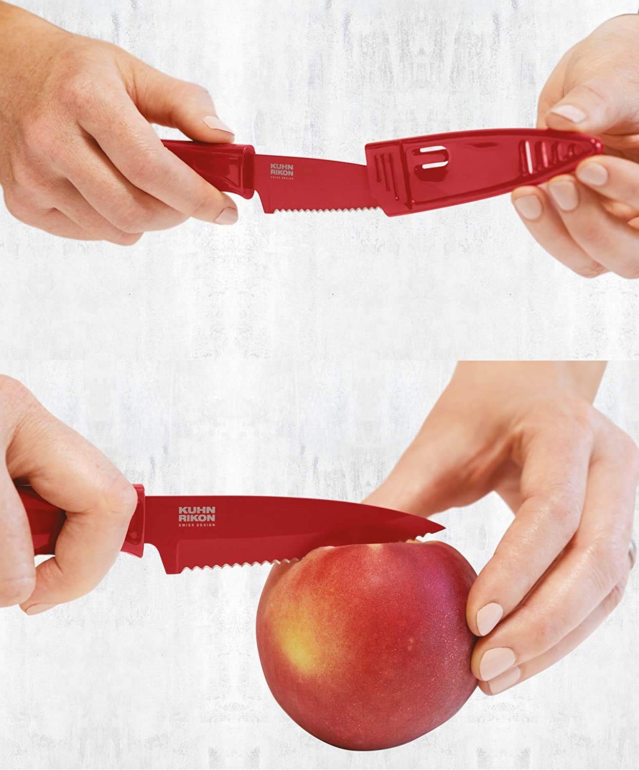 Serrated Paring Knife 4in w/ Safety Sheath, Kuhn Rikon COLORI, White