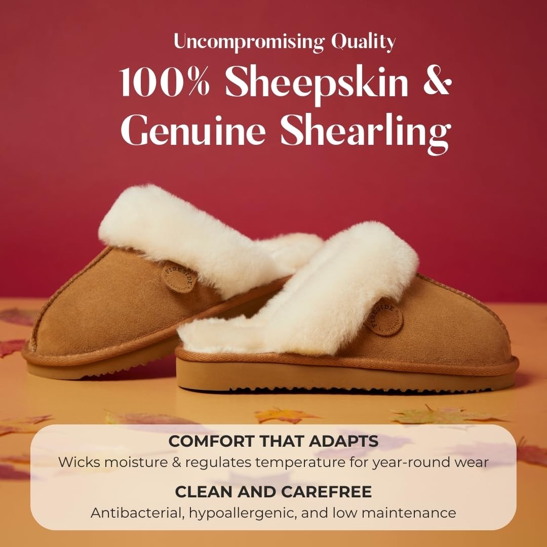 Fireside Sydney Shearling Slippers, Chestnut, Size 8, Wide Width