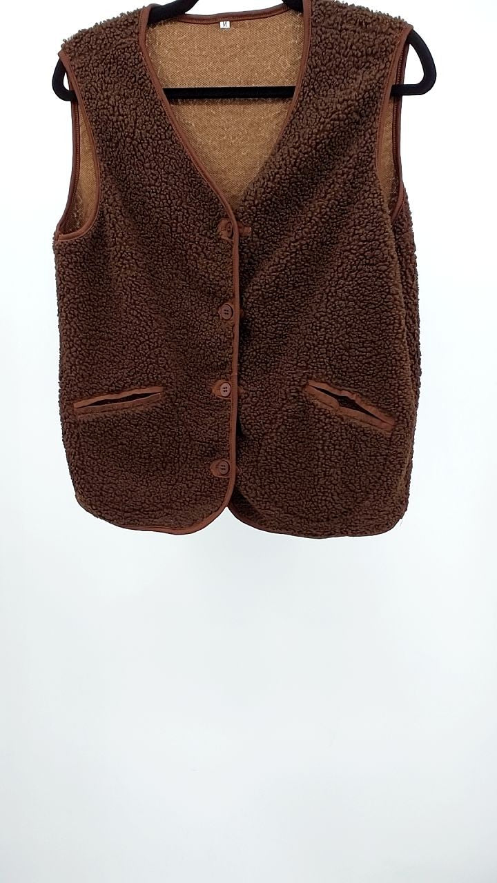 Full Size Cozy Sherpa Fleece Button-Up Vest Coat with Pockets Plus Size