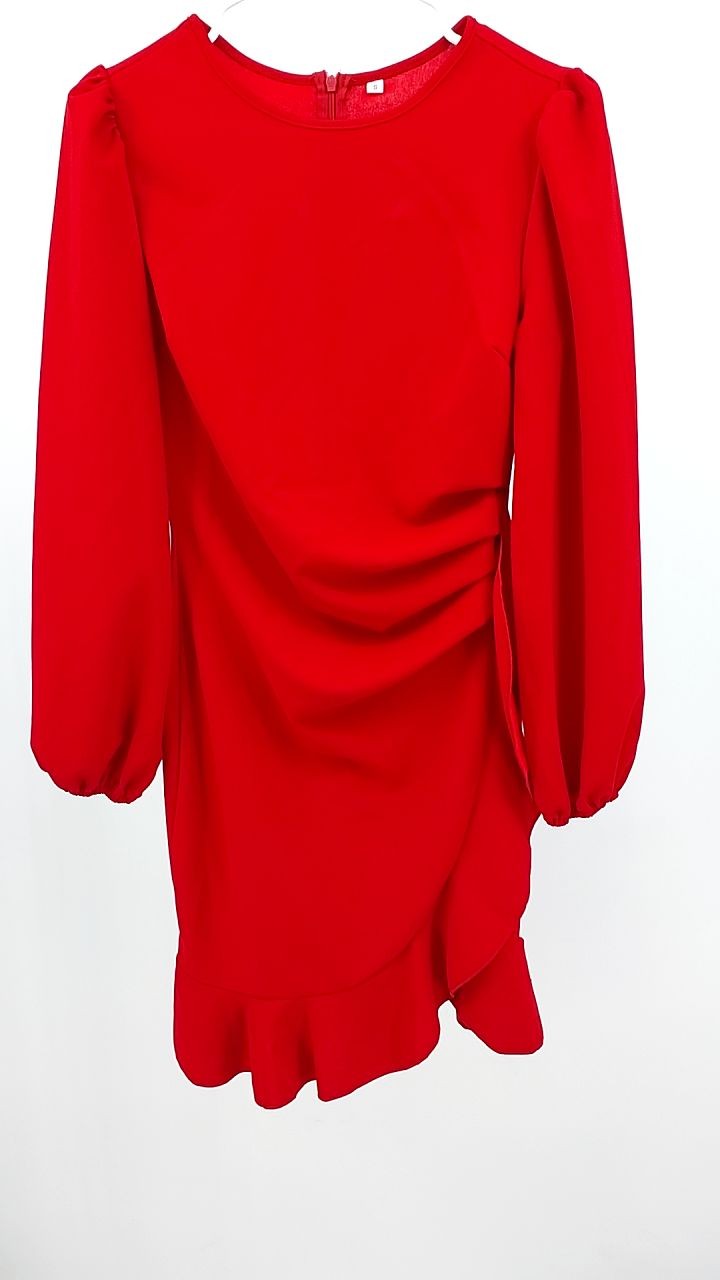 Ruched Ruffled Balloon Sleeve Mini Dress