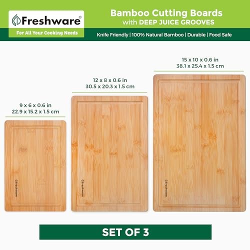 Organic Bamboo Cutting Boards Set of 3, 9x6, 12x8, 15x10, Juice Grooves