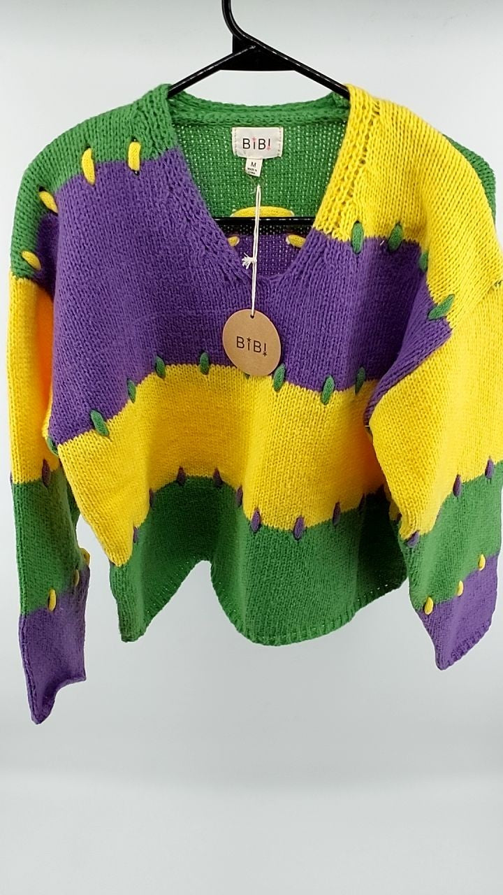 BiBi Stitch Detail Mardi Gras Stripes Sweater