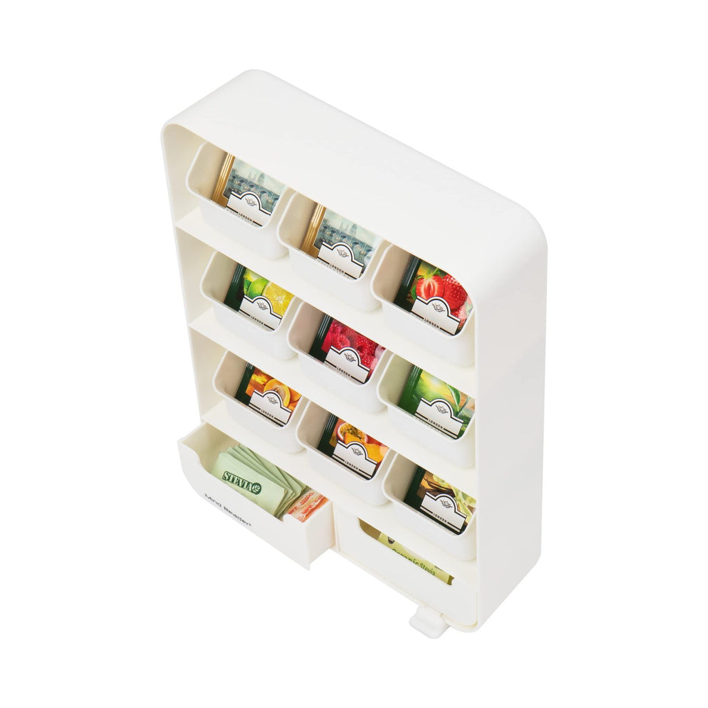 Compact Tea Station Organizer, 11-Drawer, White Plastic, 10.25"L