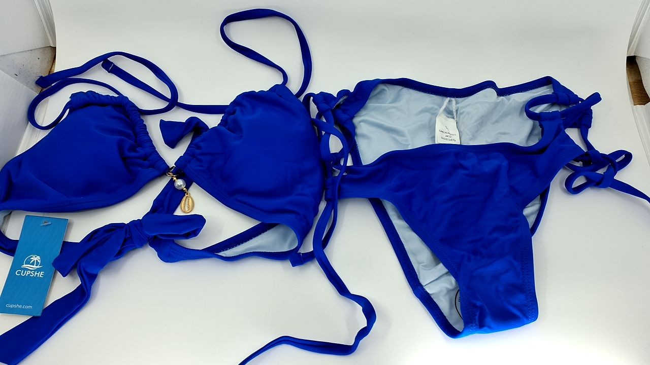 S Royal Blue Two Piece Bikini Set w/ Plunging Neck & Strappy Side Tie