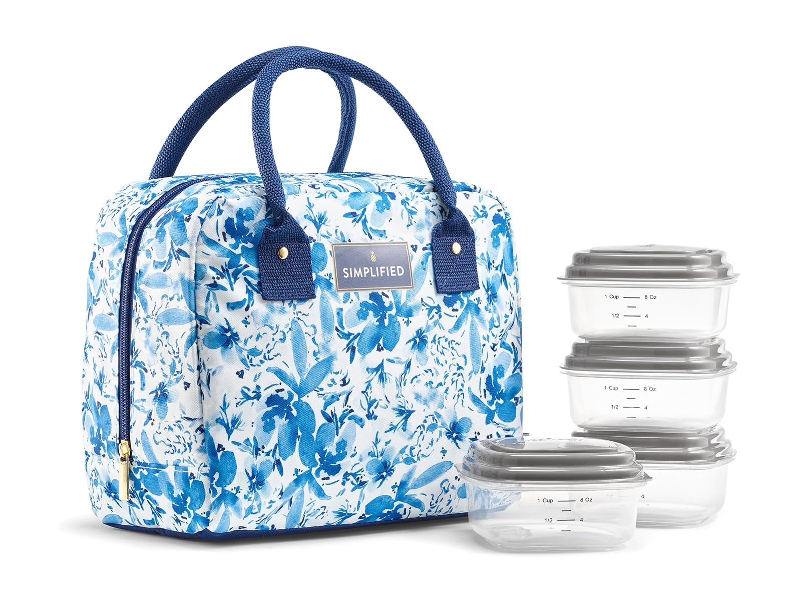 Fit & Fresh Women's Lunch Bag, Insulated, Blue Floral, Zipper Closure