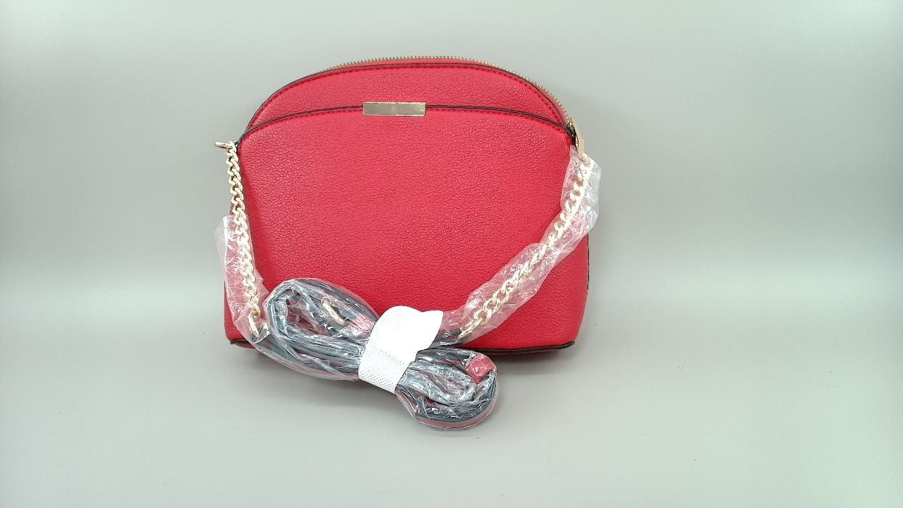 Faux Leather Solid Small Dome Crossbody bag with Chain Strap (Red)