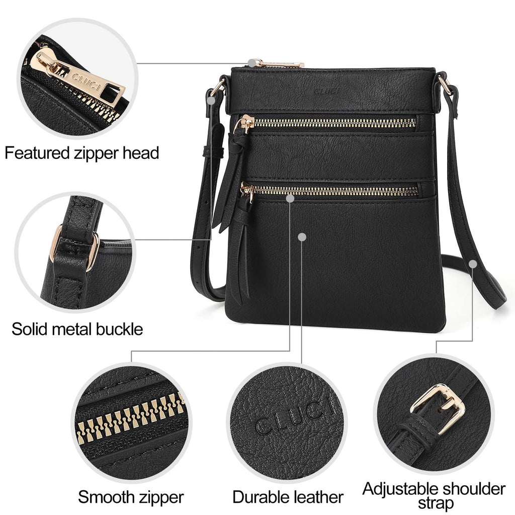 Small Black Crossbody Handbag w/ Adjustable Strap & Multi Zipper Pockets