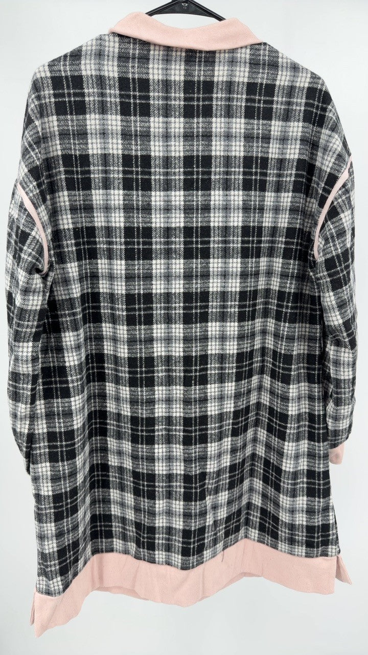 Plaid Polo Collar Zip up Contrast Trim Shift Long Sleeve Mini Dress