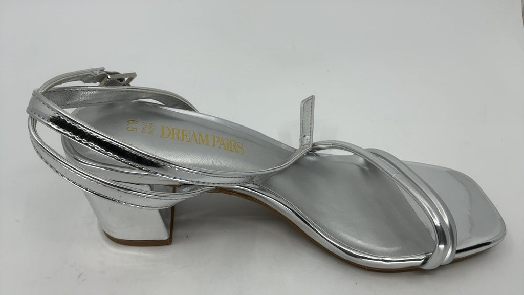 Women's Silver Chunky Heels, Size 6.5, Open Toe Strappy Sandals