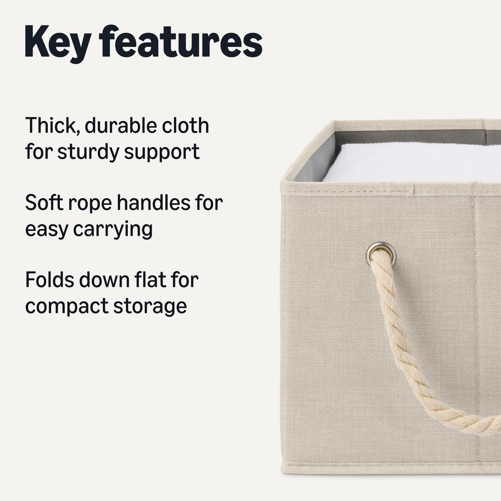 Amazon Basics Foldable Storage Bins with Rope Handles, Linen, Large, Pack of 3