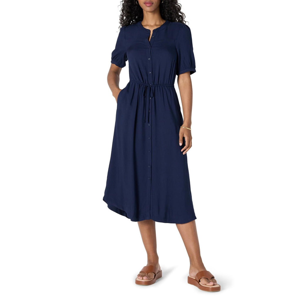 Casual Navy Midi Dress, Large, Half Sleeve, Fit & Flare, Pockets