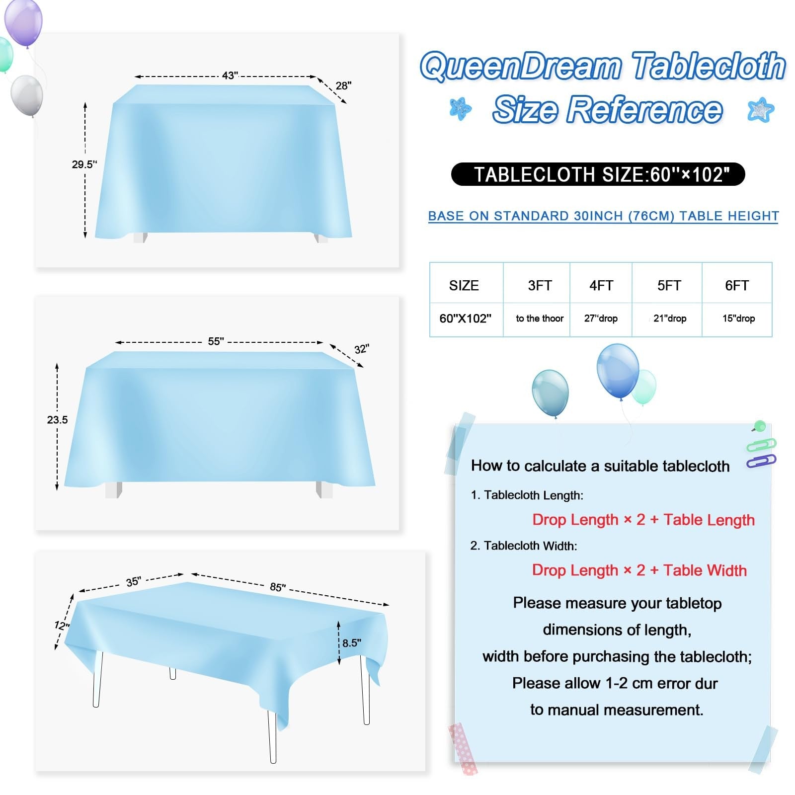 60 x 102 In Aqua Blue Glitter Tablecloth for Bridal & Baby Showers