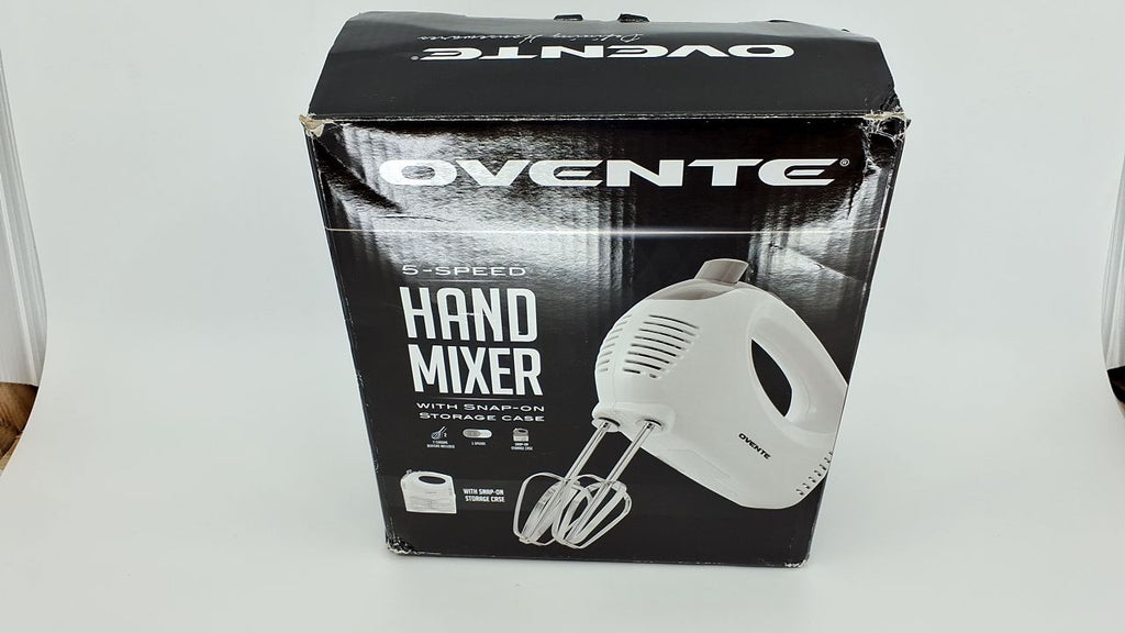 OVENTE 5-Speed Hand Mixer 150W White w/ Storage Case & Whisk Attachments