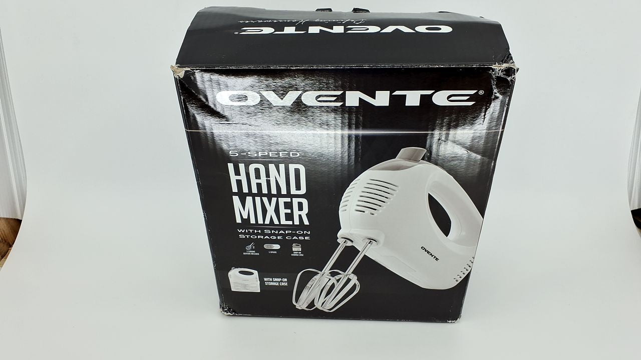 OVENTE 5-Speed Hand Mixer 150W White w/ Storage Case & Whisk Attachments