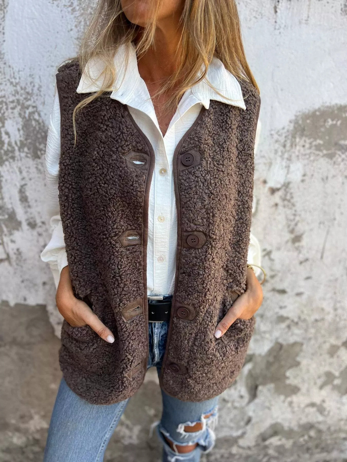 Full Size Cozy Sherpa Fleece Button-Up Vest Coat with Pockets Plus Size