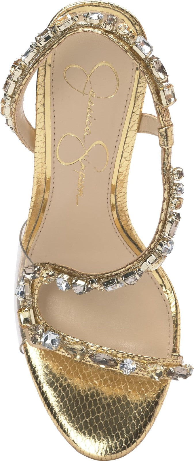 Jessica Simpson Women's Jaycin Embellished Heeled Sandal, Gold/Clear, 8.5
